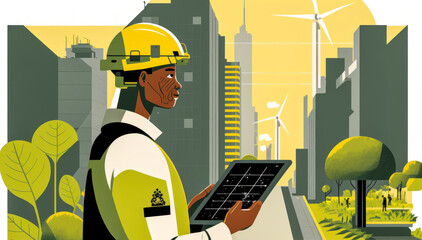 Illustration of a construction worker holding a tablet and surrounded by a modern and durable building. The style is modern and clean, with cool and futuristic colors. Generative AI