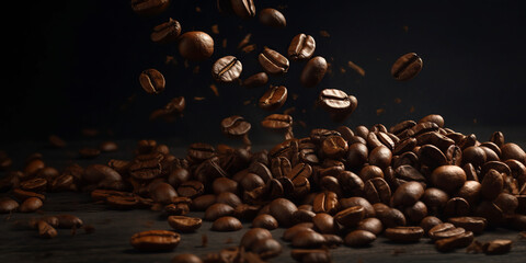 Flying coffee beans background. Close-up brown coffee beans banner. generative ai. Closeup coffee grains background