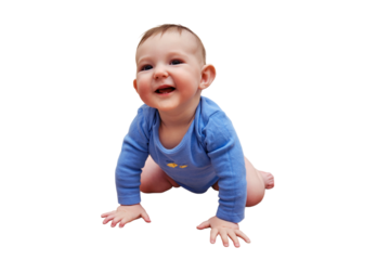 Happy baby toddler crawls on a wooden laminate, isolated on a white background. Funny child is sitting smiling on the parquet in the home living room