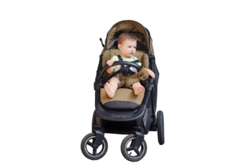 Child in a baby carriage are standing outside, isolated on a white background