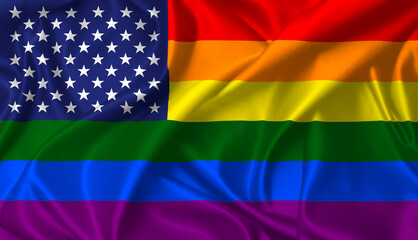 United States gay flag with rainbow stripes waving on the wind