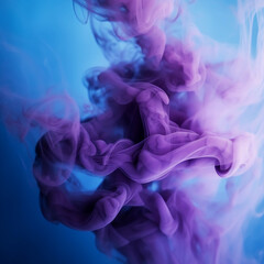Colorful smoke. Mysterious storm sky. Mist floating. Blue purple glowing fog cloud wave abstract art background with free space. Generative AI