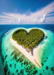 Une île tropicale en forme de coeur avec une mer turquoise en vue aérienne - generative AI