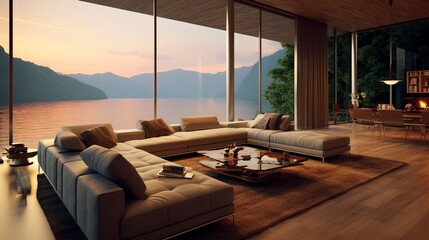 Fototapeta premium a living room filled with furniture and a large window