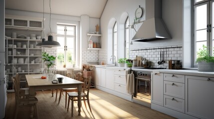 a white kitchen with a table and chairs