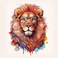 Watercolor Portrait of a lion with glasses, generative ai