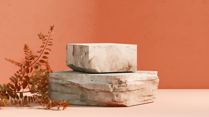 Orange Step Up Podium in Concrete Natural Stone - Product Mock Up and Display for Cosmetic, Beauty, and Tech Products - Background with Eucalyptus Leaves - Generative AI