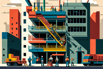 A worker paints the exterior of a striking, modern building. Bright colors and clean lines give an impression of energy and vitality. Generative AI