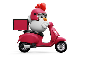 Cute chicken riding scooter, delivery chicken, 3d rendering