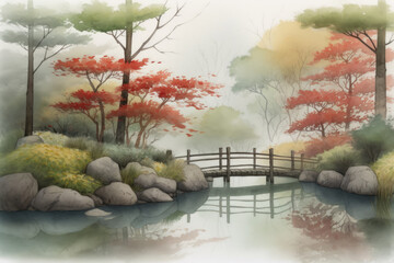 Watercolour pencil illustration of a serene Japanese zen garden with maple trees surrounding a small pond. Generative AI