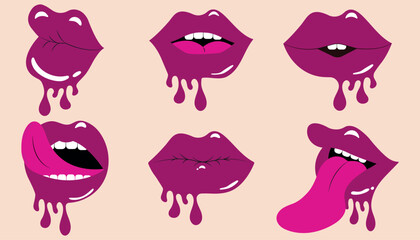 Set of their emotional gestures, female lips, punk collage. Lips in vibrant psychedelic colors with flowing texture. Crazy futuristic vector.