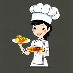 Vector cute woman chef holding yentafo noodles asian food hand drawn cartoon art illustration