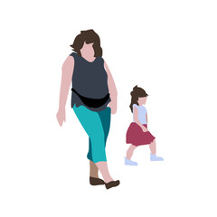 Vector image of a mom with a baby. Silhouettes of a running girl and a running woman. Urban environment