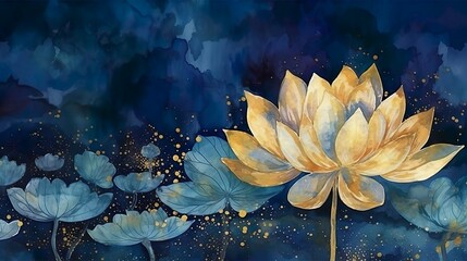 lotus lily water flower wallpaper, gold on dark blue background, banner, mural art, watercolor illustration with some sparkle and glitter. Generative AI - obrazy, fototapety, plakaty