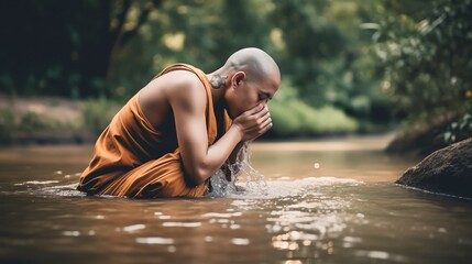 a monk is bathing in a river, Generative AI