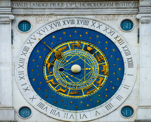 Ancient zodiac astronomical clock close-up. Piazza dei Signori and Torre dell'Orologio (Clock Tower) in Padova (Padua), Veneto region, Italy.