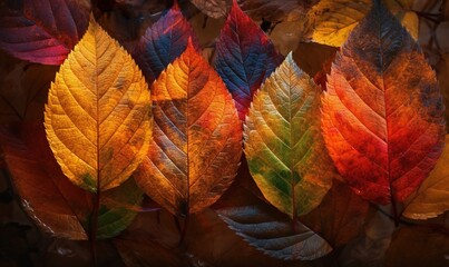  a group of colorful leaves on a tree branch in the fall.  generative ai