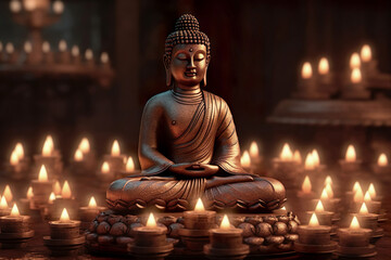 Statue of Buddha in a temple with candles burning in the dark atmosphere. Buddhism and its deities. Generative AI technology.