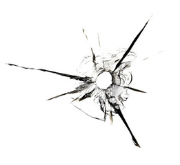 Broken glass, the texture of cracks from a shot through a bullet window. Cracked abstraction on a white background