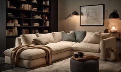  a living room with a large sectional couch and a lamp.  generative ai