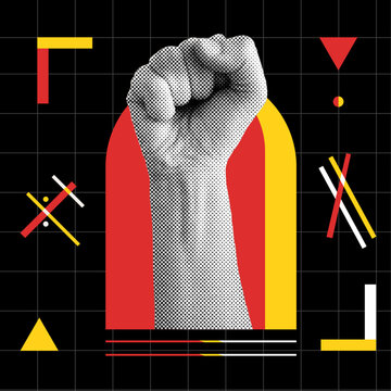 A collage with an image of a hand is a symbol of fighting. Vintage vector illustration with dot pop art. Isolated dark background. Bauhaus and constructivism geometric styles