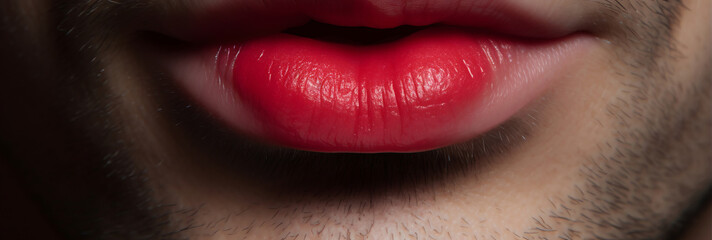 Closeup photo of a handsome gay man lips with make up. Transgender male with red lip stick. LGBT Background Horisontal Banner Generative AI