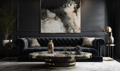  a living room with a black couch and a marble coffee table.  generative ai