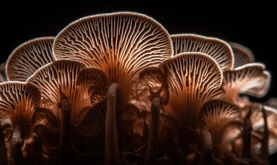  a group of mushrooms that are on the ground in the dark.  generative ai
