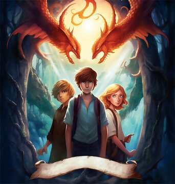 Three Teenagers Standing In A Mystical Forest With Two Pheonix Dragons Overhead - Generative AI