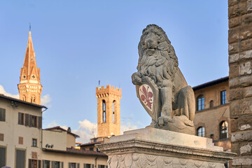 Marzocco lion protecting the giglio symbol of Florence on Piazza della Signoria in Florence, Italy