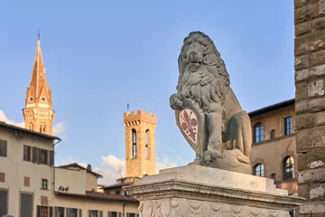 Gordijnen Marzocco lion protecting the giglio symbol of Florence on Piazza della Signoria in Florence, Italy © berezko