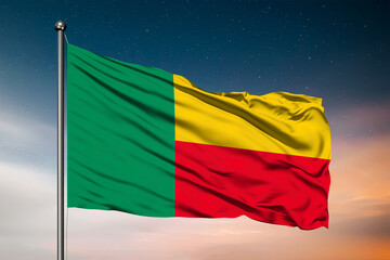 Waving flag of the Benin. Pole Flag in the Wind. National mark. Waving Benin Flag. Benin Flag Flowing.