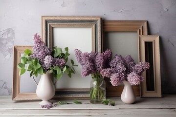 Vintage spring floral still life. Blank picture frame mockup on old wooden bench, and table. Vase with a bouquet. White wall background. Empty copy space. Rustic interior