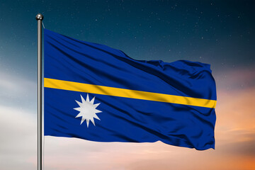 Waving flag of the Nauru. Pole Flag in the Wind. National mark. Waving Nauru Flag. Nauru Flag Flowing.