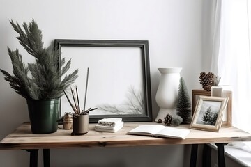 Christmas interior decor. wooden picture frame, white wall. Green pine tree branches in a jug and old books. Grey working table. Old books. Winter home office