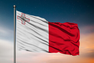 Waving flag of the Malta. Pole Flag in the Wind. National mark. Waving Malta Flag. Malta Flag Flowing.