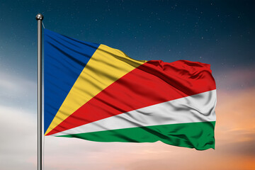 Waving flag of the Seychelles. Pole Flag in the Wind. National mark. Waving Seychelles Flag. Seychelles Flag Flowing.