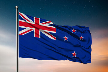 Fototapeta premium Waving flag of the New Zealand. Pole Flag in the Wind. National mark. Waving New Zealand Flag. New Zealand Flag Flowing.