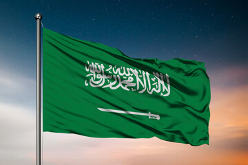 Waving flag of the Saudi Arabia. Pole Flag in the Wind. National mark. Waving Saudi Arabian Flag. Arabian Flag Flowing.