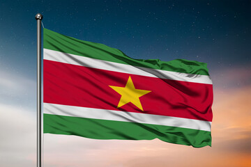 Waving flag of the Suriname. Pole Flag in the Wind. National mark. Waving Suriname Flag. Suriname Flag Flowing.