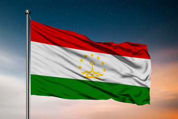 Naklejka na ściany i meble Waving flag of the Tajikistan. Pole Flag in the Wind. National mark. Waving Tajikistan Flag. Tajikistan Flag Flowing.