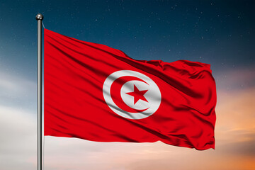 Waving flag of the Tunisia. Pole Flag in the Wind. National mark. Waving Tunis Flag. Tunisia Flag Flowing.