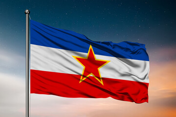 Waving flag of the Yugoslavia. Pole Flag in the Wind. National mark. Waving Yugoslav Flag. SFRJ Flag Flowing.
