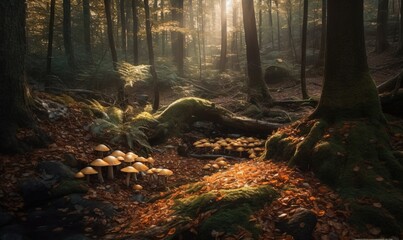 Obraz premium a group of mushrooms in the middle of a forest with sun shining through the trees. generative ai