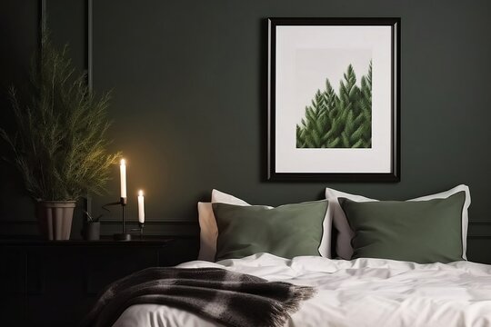 Vertical black picture frame on the sage wall. Elegant bedroom view. White, green linen pillows, blanket. Nightstand with pine tree branches, a vase, Christmas winter interior