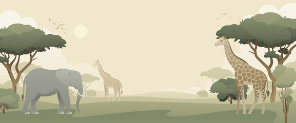Wildlife background with giraffe and elephant. Modern flat vector panoramic illustration with animals in their natural habitat. African savannah landscape.