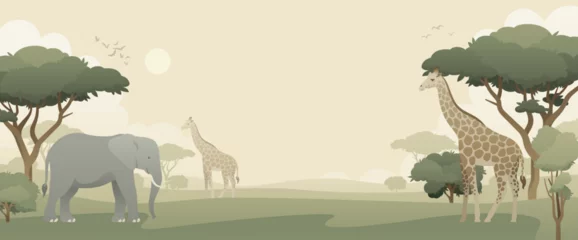Tuinposter Wildlife background with giraffe and elephant. Modern flat vector panoramic illustration with animals in their natural habitat. African savannah landscape. © Anastasiia Neibauer