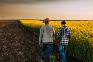Back view of two Caucasian farmers walking across the field - obrazy, fototapety, plakaty