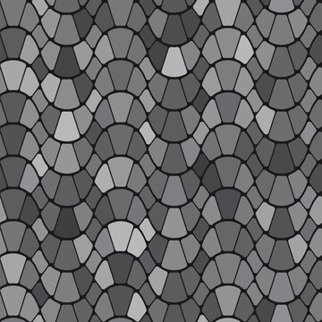 Seamless repeating geometric wavy stripes pattern made of grey square pebbles on a black background. Geometric cobblestone floor. Vector illustration. 