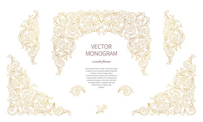Vector floral gold decoration, frame, vignettes. Arabic and Eastern motifs. Arab ornamental illustration, flower garland. Isolated line art ornaments. Golden ornament with leaves, curls for card